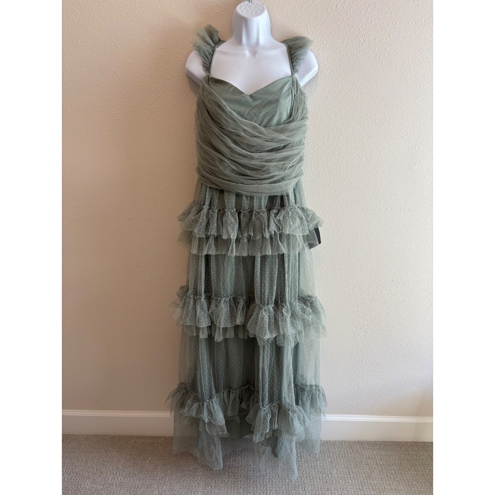 NWT Lulus Pure Radiance Sage Brush Mesh Swiss Dot Tiered Maxi Dress Romantic - Picture 3 of 9
